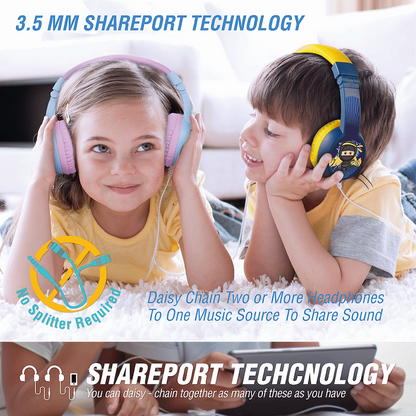 Volkano Sidekick Series Wired Kiddies Headphones with Share Port - Yellow/Blue