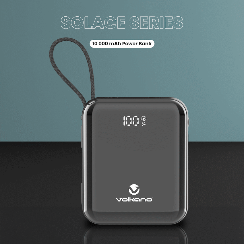 Volkano Solace Series 10 000 mAh Power Bank with Built-in USB-C & Lightning Cable - Black