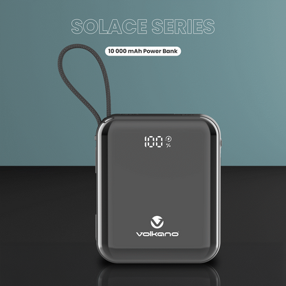 Volkano Solace Series 10 000 mAh Power Bank with Built-in USB-C & Lightning Cable - Black