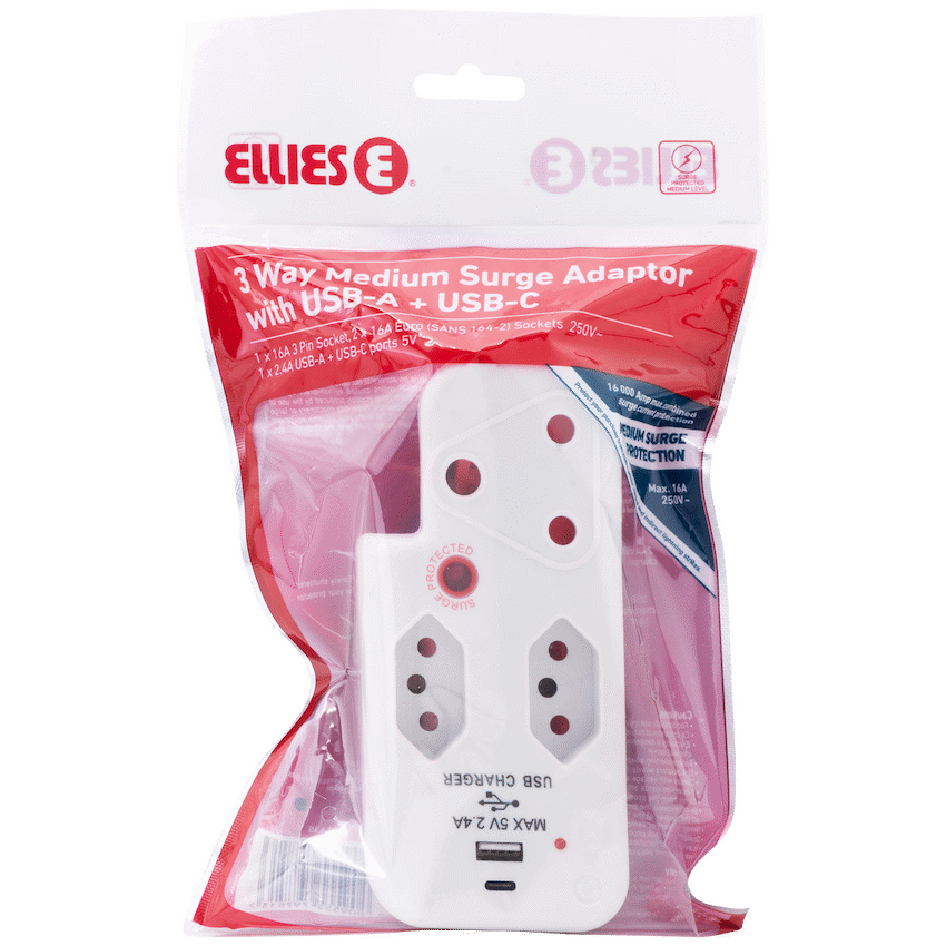 Ellies 3 Way Surge Adaptor with Type C + USB - WT