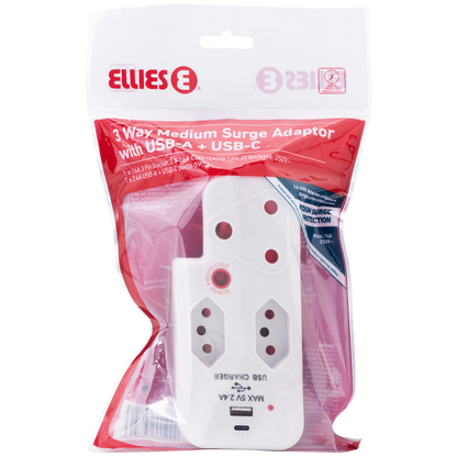 Ellies 3 Way Surge Adaptor with Type C + USB - WT