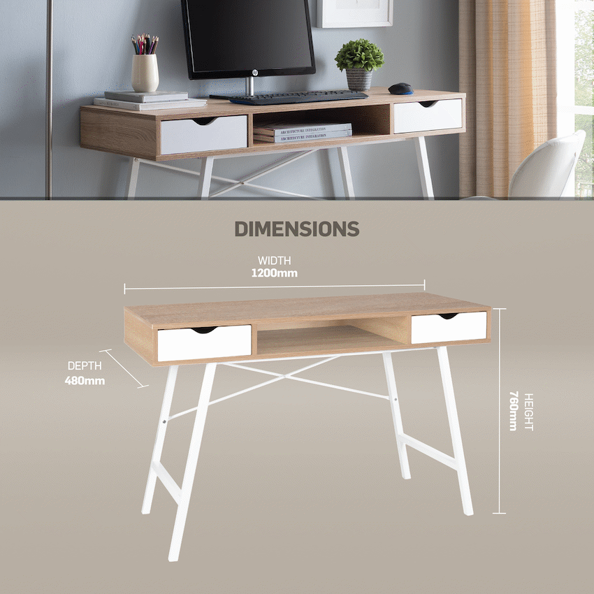 Everfurn Rain Work Desk - Study Desk with Two Drawers, Steel Frame, Adjustable Feet