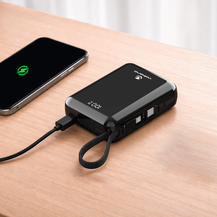 Volkano Solace Series 20 000 mAh Power Bank with Built-in USB-C & Lightning Cable - Black