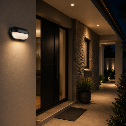 Ellies Arc Series - AC Oval LED Bulkhead - Aluminium + Glass - E27 Base -BK
