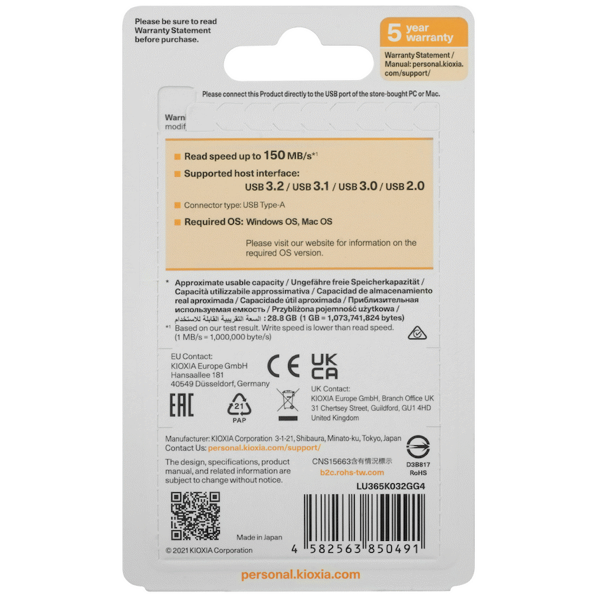 Kioxia U365 - 32gb USB 3.2 Yamabiko Slider Type