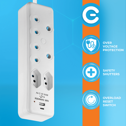 Switched 4-Way Extension Lead with 1x Type-C + 1x USB - 2m