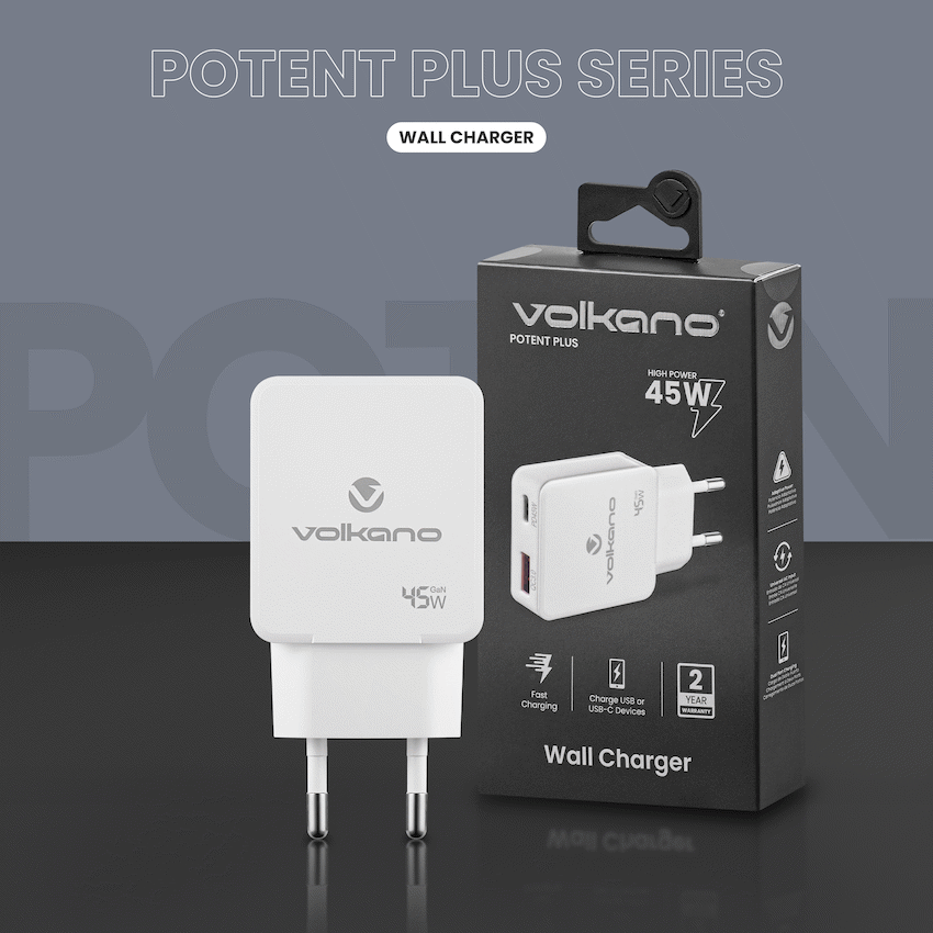 Volkano Potent Plus series 45W GaN Compact Dual USB and USB-C PD Wall Charger