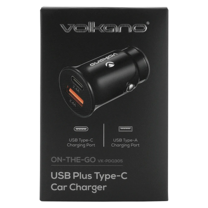 Volkano On-The-Go USB + Type-C 12w Car Charger - Black