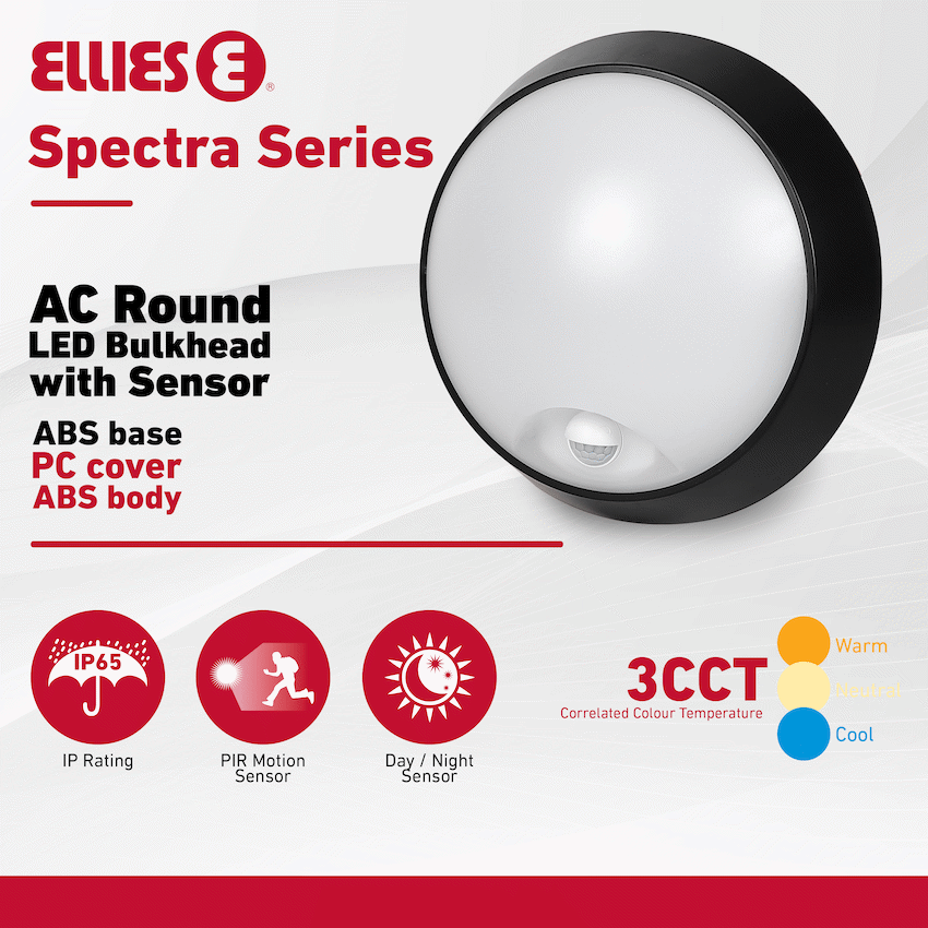 Ellies Spectra Series - AC 15W  Round LED Bulkhead with 3CCT and Sensor -BK