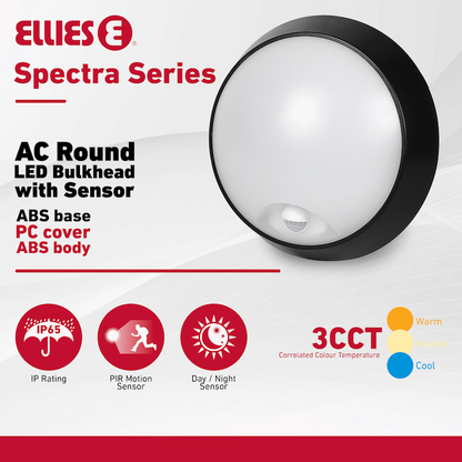 Ellies Spectra Series - AC 15W  Round LED Bulkhead with 3CCT and Sensor -BK