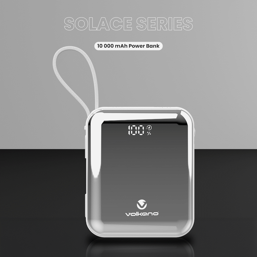 Volkano Solace Series 10 000 mAh Power Bank with Built-in USB-C & Lightning Cable - White & Silver
