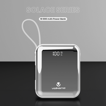 Volkano Solace Series 10 000 mAh Power Bank with Built-in USB-C & Lightning Cable - White & Silver