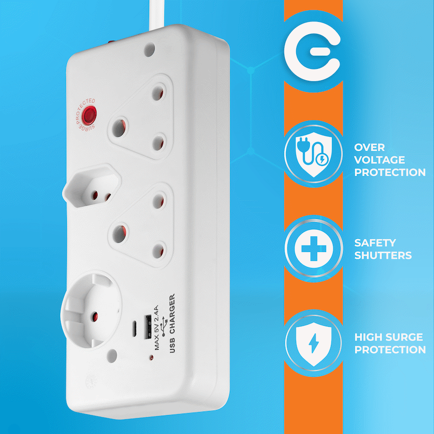 Switched 4-Way with 1x Type-C + 1x USB 2.4a Socket Medium Surge-Protected 0.5m
