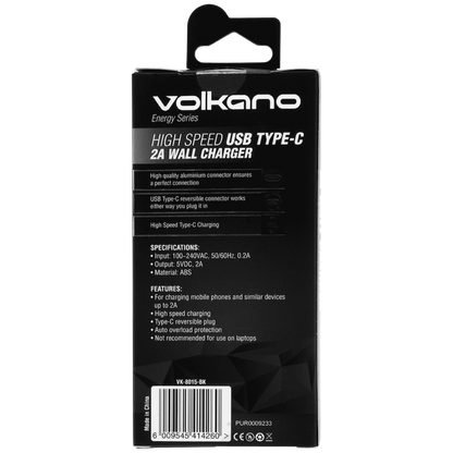 Volkano Energy Series USB Type-C 2a Wall Charger