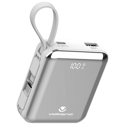 Volkano Solace Series 10 000 mAh Power Bank with Built-in USB-C & Lightning Cable - White & Silver