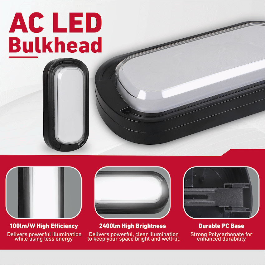 Ellies Ellipse Series AC 24W Capsule LED Bulkhead - PC - BK