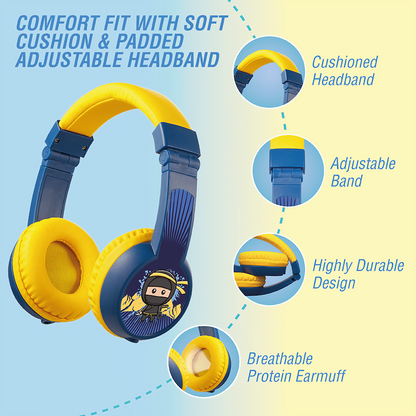 Volkano Sidekick Series Wired Kiddies Headphones with Share Port - Yellow/Blue