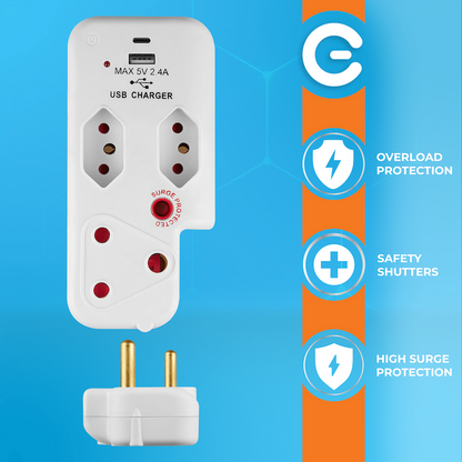 Switched 3-Way Medium Surge Adaptor with Type-C + USB - White