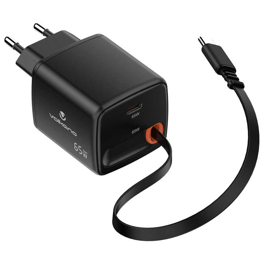 Volkano Sleek Series Fast Wall Charger 65W USB-C with Built-in Retractable 75cm Cable - Black