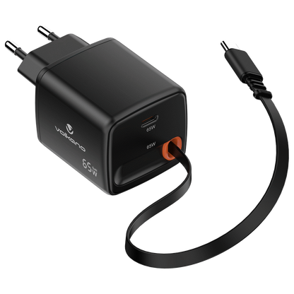 Volkano Sleek Series Fast Wall Charger 65W USB-C with Built-in Retractable 75cm Cable - Black