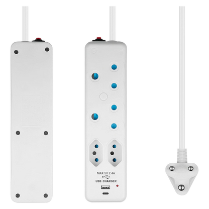 Switched 4-Way Extension Lead with 1x Type-C + 1x USB - 2m