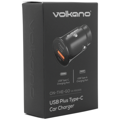 Volkano On-The-Go USB + Type-C 12w Car Charger - Black