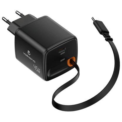 Volkano Sleek Series Fast Wall Charger 45W USB-C with Built-in Retractable 75cm Cable - Black