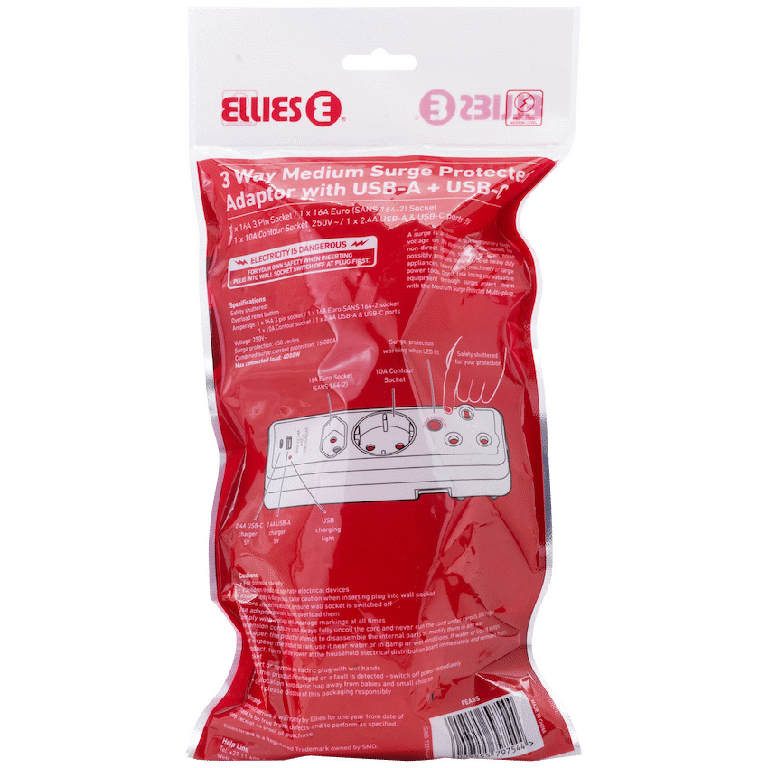 Ellies 3 Way Surge adaptor Schuko,with type C + USB - WT
