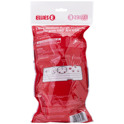 Ellies 3 Way Surge adaptor Schuko,with type C + USB - WT