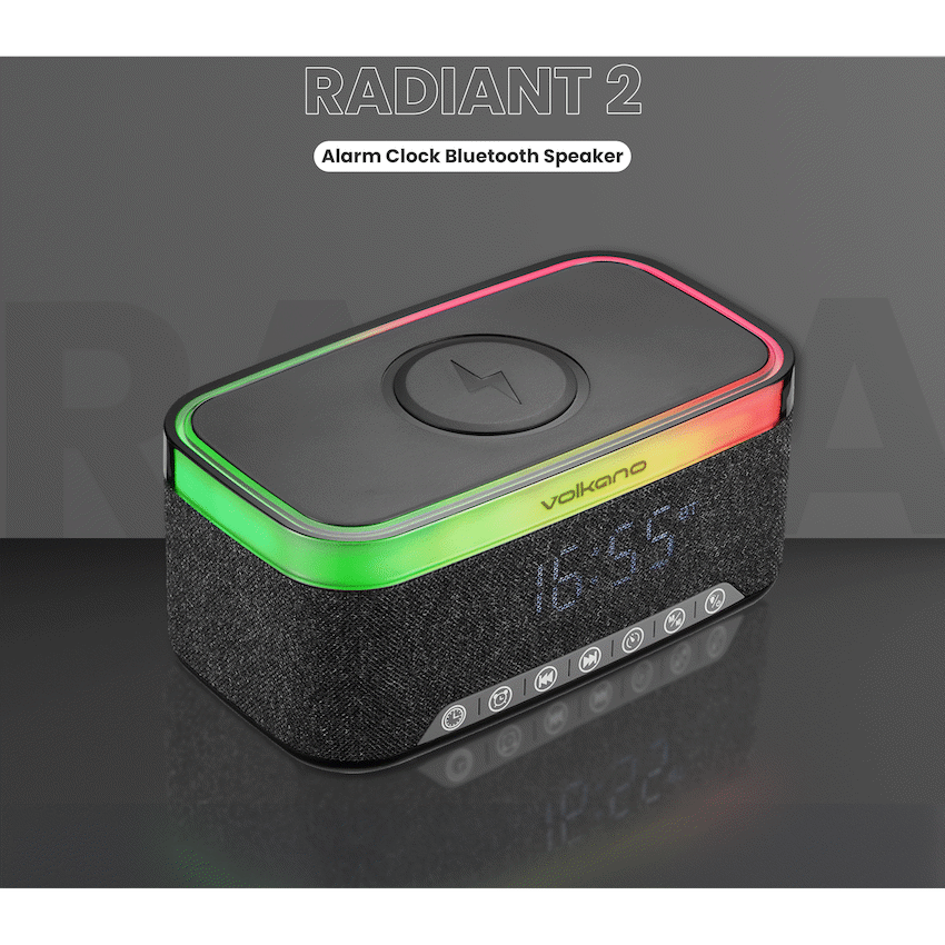 Volkano Radiant 2 Alarm Clock with Wireless Charging and Speaker - Black