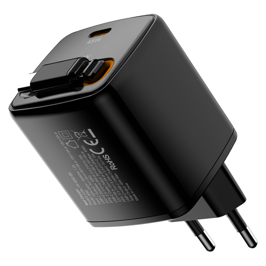 Volkano Sleek Series Fast Wall Charger 45W USB-C with Built-in Retractable 75cm Cable - Black