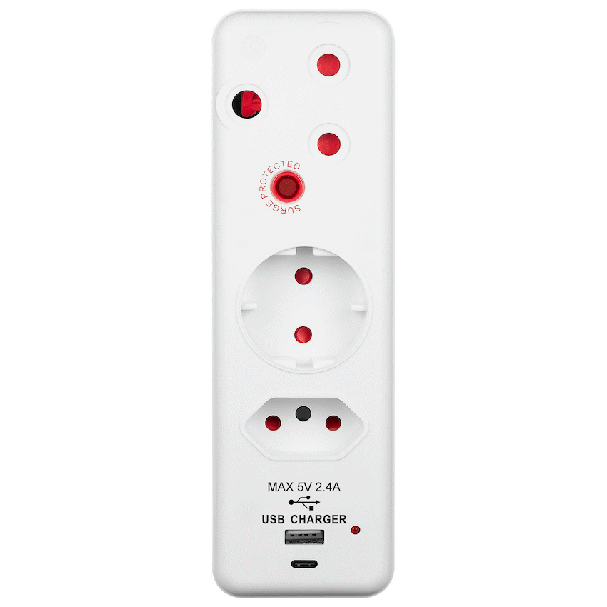 Switched 3-Way Medium Surge Adaptor - Schuko with Type-C + USB