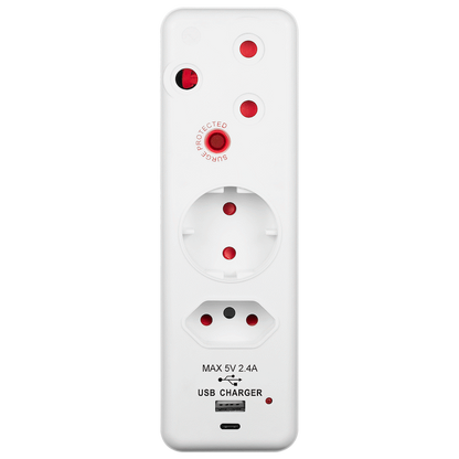 Switched 3-Way Medium Surge Adaptor - Schuko with Type-C + USB