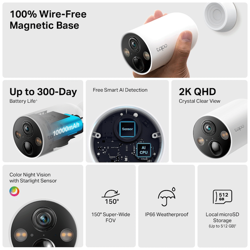 TP-Link Tapo C425 (2-Pack) 4MP 2K QHD Battery Wire-Free Outdoor Security Camera