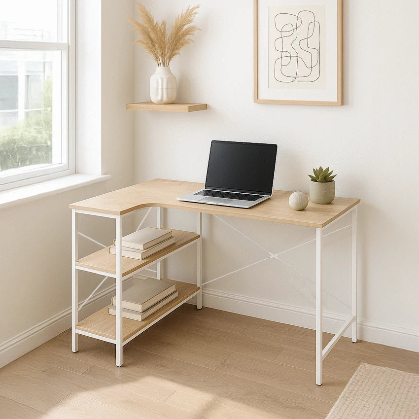 Everfurn Anthony Work Desk - Light Oak and White Frame