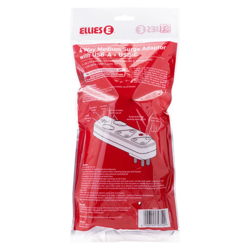 Ellies  4 Way Surge adaptor with type C + USB - WT