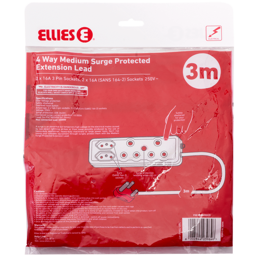 Ellies 4 Way Surge Extension Lead -3M - WT