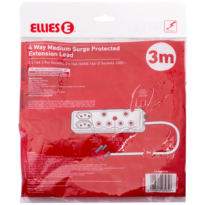 Ellies 4 Way Surge Extension Lead -3M - WT