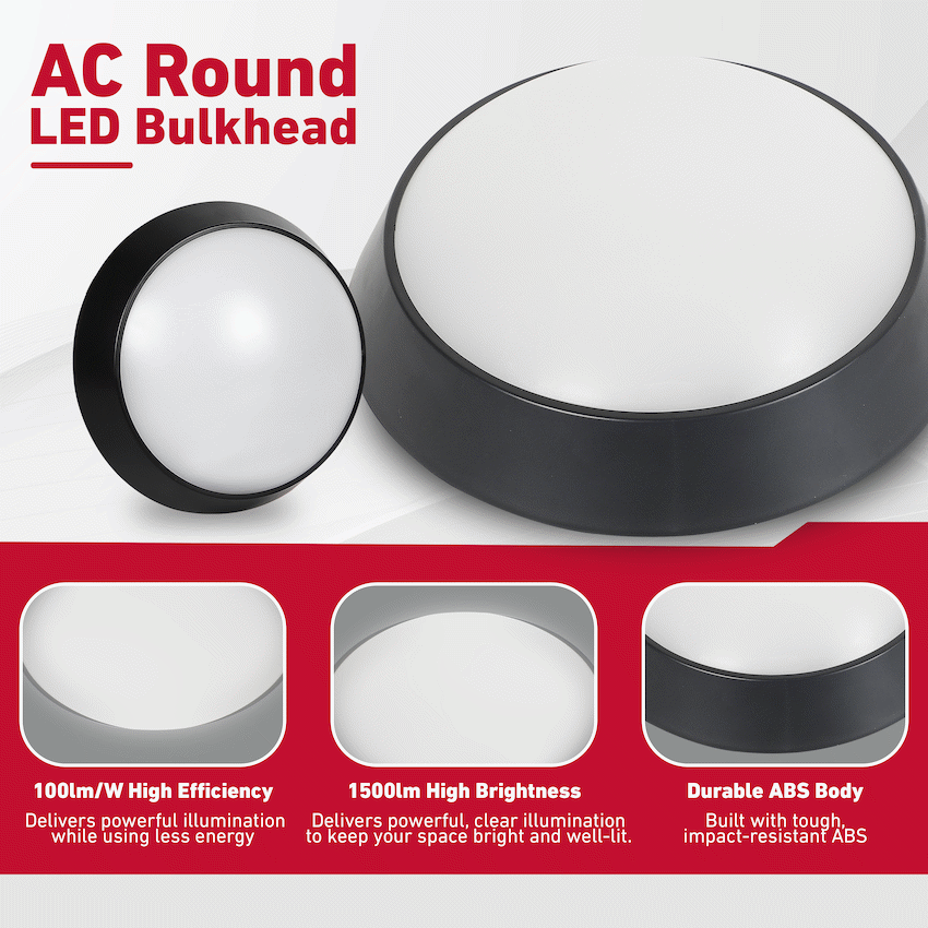 Ellies Spectra Series - AC 15W  Round LED Bulkhead with 3CCT -BK