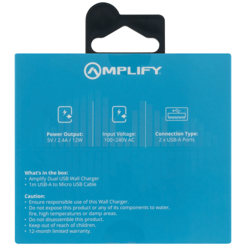 Amplify Dual USB A Wall Charger with USB A to Micro USB - Black
