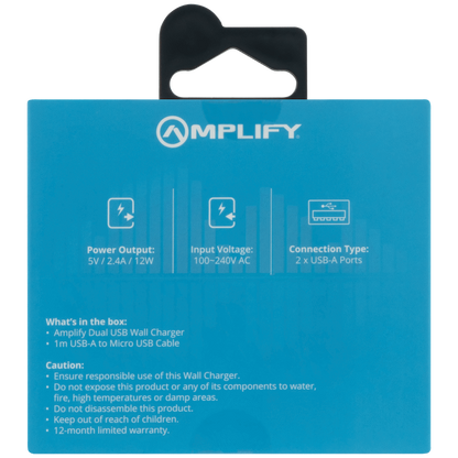 Amplify Dual USB A Wall Charger with USB A to Micro USB - Black