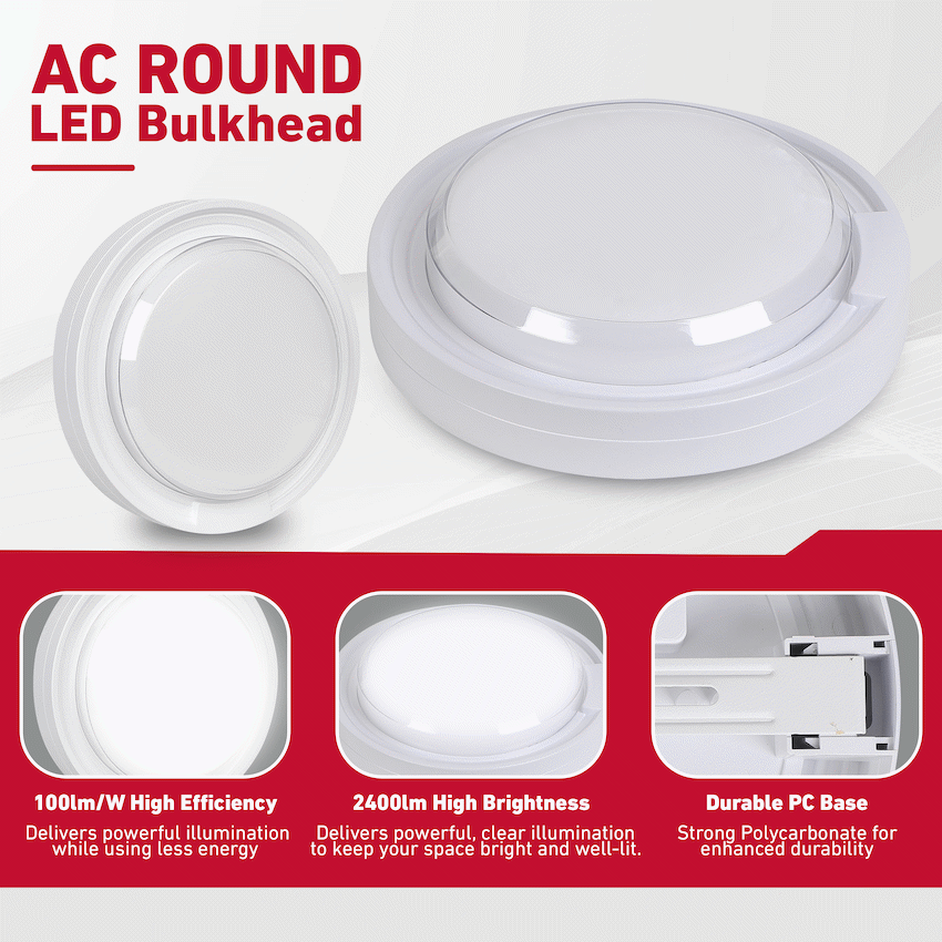 Ellies Cresent Series AC 24W Round LED Bulkhead - PC - WT