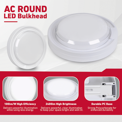 Ellies Cresent Series AC 24W Round LED Bulkhead - PC - WT