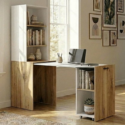 Everfurn Adaptive Desk with Bookshelf - White and Light Oak
