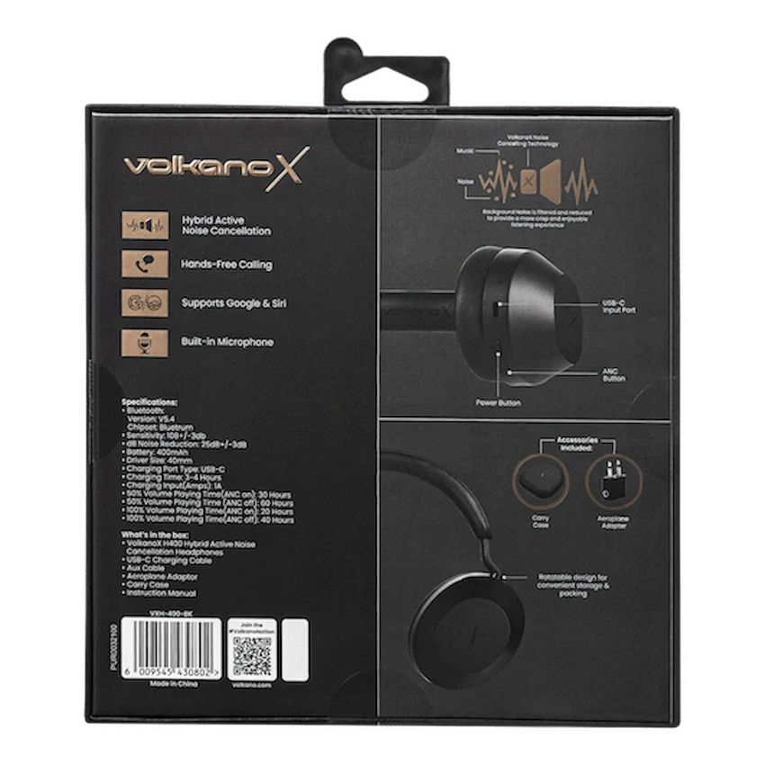 VolkanoX H400 Hybrid Active Noise Cancellation Headphones - Black