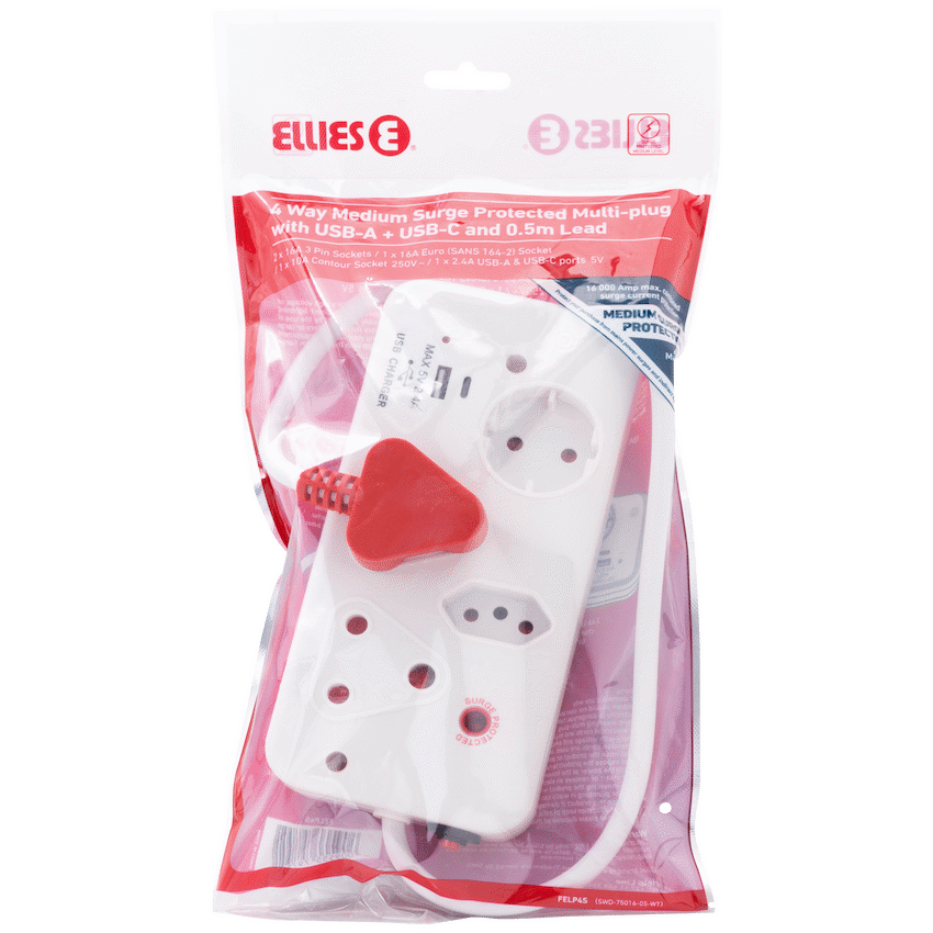 Ellies 4-Way Surge Multiplug with USB-A+USB-C 0.5m - WT