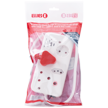 Ellies 4-Way Surge Multiplug with USB-A+USB-C 0.5m - WT