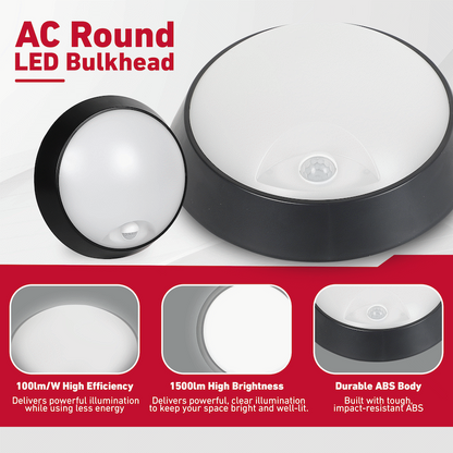 Ellies Spectra Series - AC 15W  Round LED Bulkhead with 3CCT and Sensor -BK
