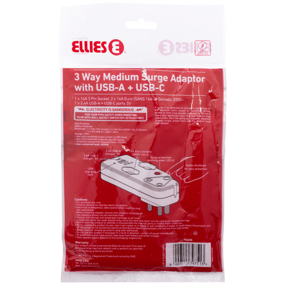 Ellies 3 Way Surge Adaptor with Type C + USB - WT