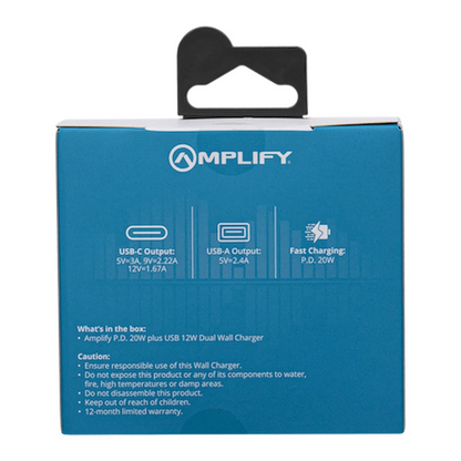 Amplify P.D. 20w Plus USB 12w Dual Wall Charger - White